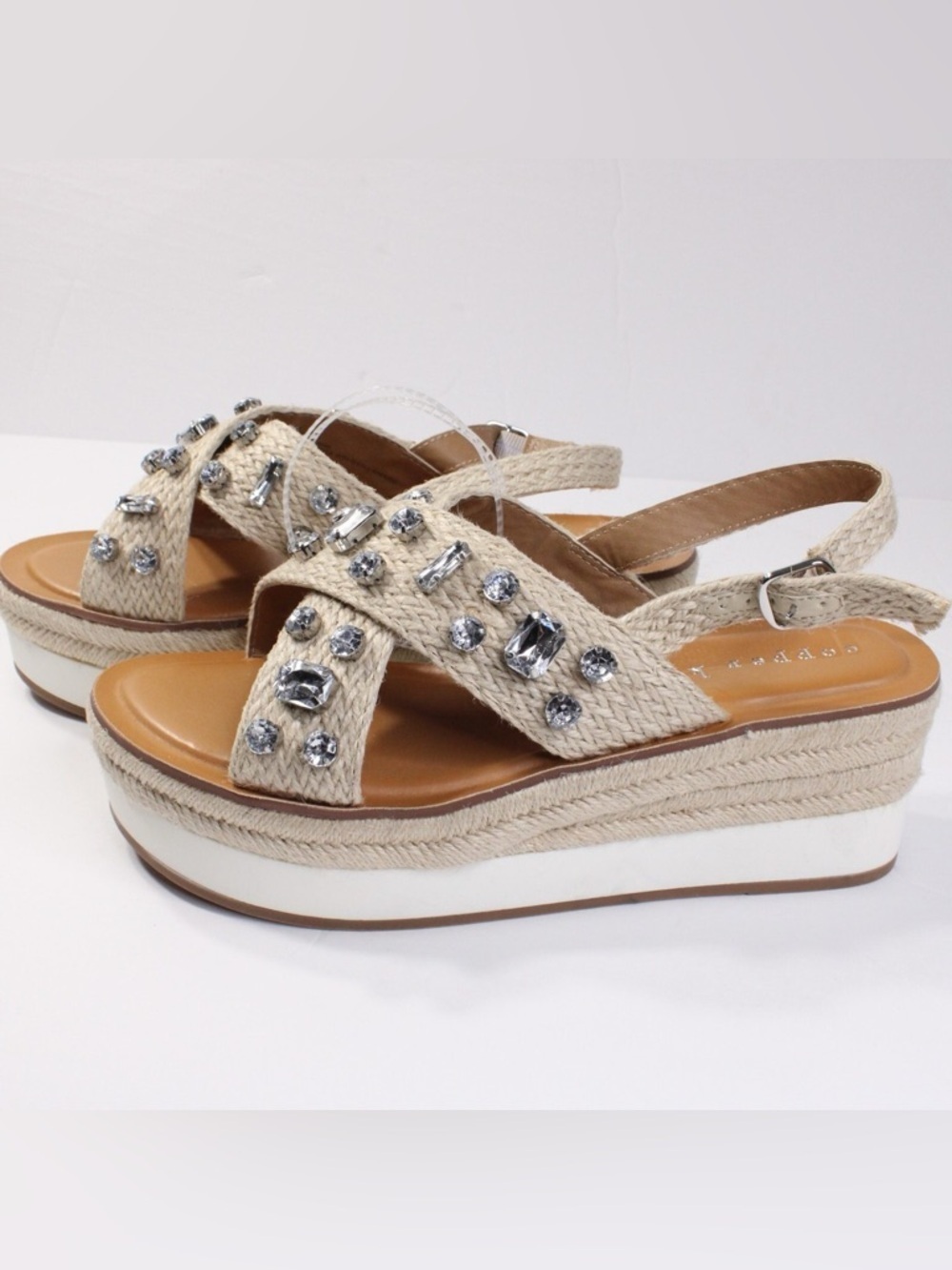 Copper Key Tan Espadrille Platform Sandals with Rhinestone Accents